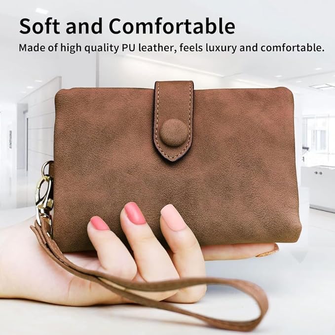 Women's Leather Wristlet Wallet, Bifold RFID Purse with ID Window, Zipper Coin Pocket for Daily Essentials (Brown)