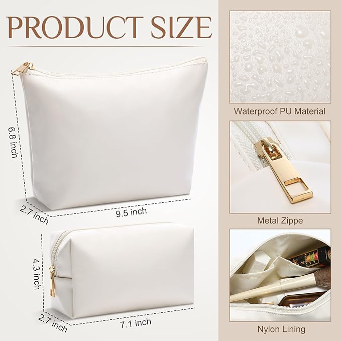 Kigeli 2 Pcs PU Leather Makeup Bag Set for Women Aesthetic Cosmetic Bag Small Toiletry Travel Pouch for Purse Emergency Skincare Organizer Valentine Gifts for Bridesmaid Birthday(Beige)