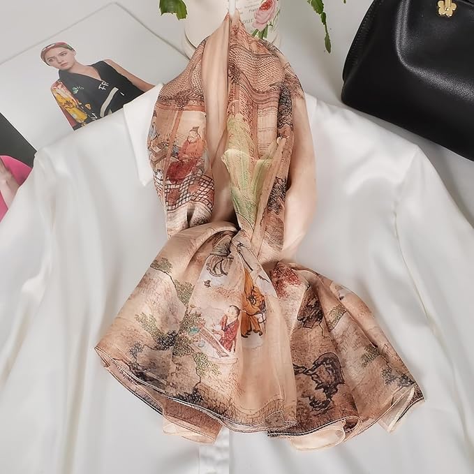 100% Mulberry Silk Women's Neck Silk Scarf-Lightweight Shawl,FLoral Print Beach Silk Wrap-Scarves for Photography