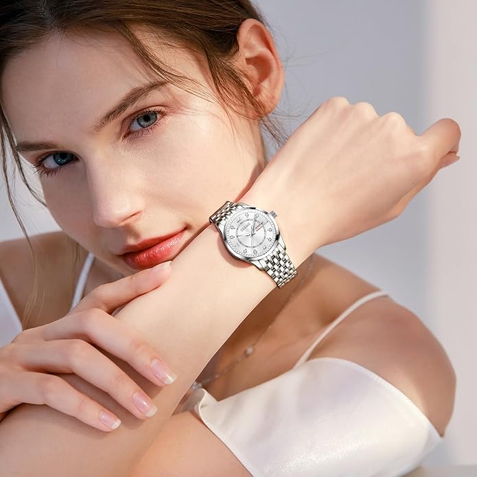 Womens Watch Fashion Dress Waterproof Silver Watches for Women Casual Easy Read Quartz Analog Women's Watch Two Tone Stainless Steel Ladies Watches with Day Date