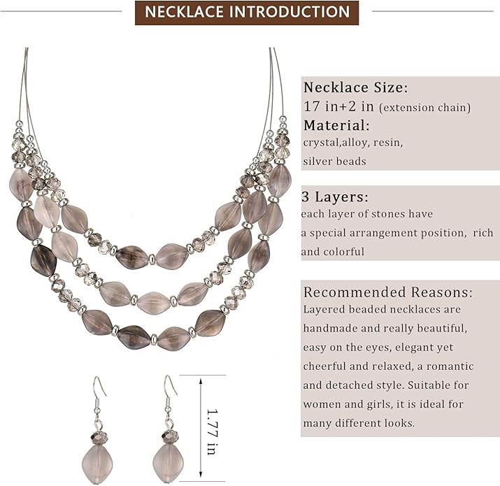 3 Layered Chunky Statement Necklace for Women Beaded Strand Necklaces with Earring Fashion Costumes Collar Necklace Jewelry Sets Gifts for Women