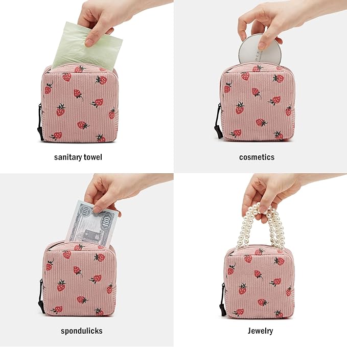 Small Makeup Bag for Purse,Mini Cosmetics Bag cute Zipper corduroy Cosmetic Pouch Storage Pouch Travel Toiletry Organizer for Women Girls(Checkered Pink)