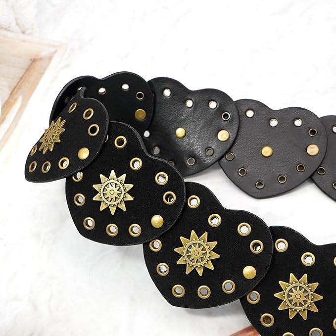 Wide Disc Belt for Women Vintage Hollow Boho Leather Belt Western Chunky Waist Belt Cowboy Metal Buckle Concho Belts