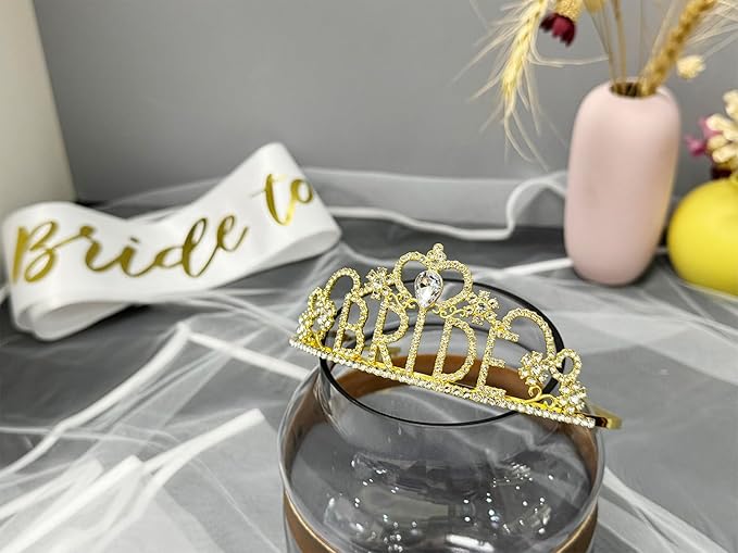 JETKONG 3 Pcs Bachelorette Party Decorations BRIDE Crown, Bride to Be Sash&Veil for Women Bachelorette Party Gifts, Bridal Shower Supplies, Gifts, Favors (Gold)