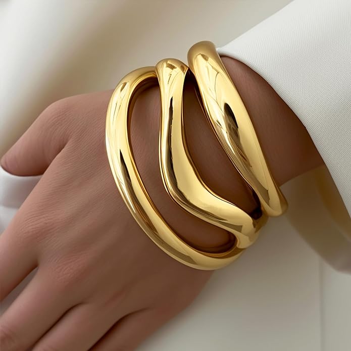 iF YOU Chunky Gold Bangle Bracelets for Women, 14k Gold Plated Multi Layer Stackable Cuff Bracelet Set, Trendy Statement Bracelet Stack Jewelry Gifts