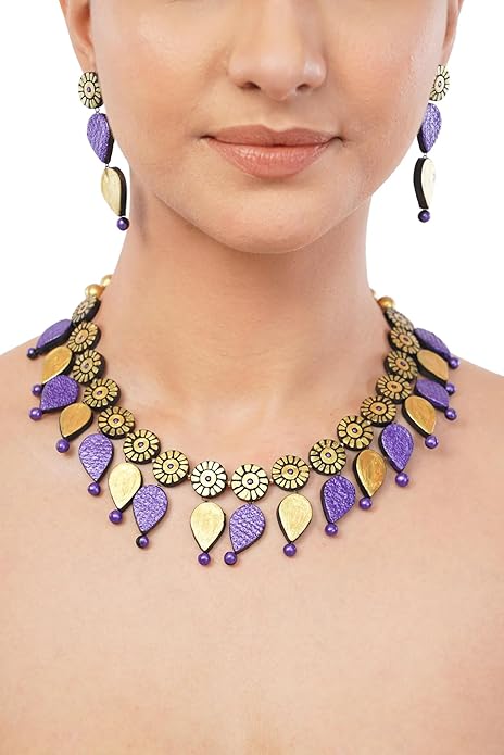 Purple & Golden Clay Jewelry Set – Handmade Boho Dangle Earrings & Minimalist Necklace for Women, Artisan Statement Accessories, Festival Wear & Unique Gift Idea