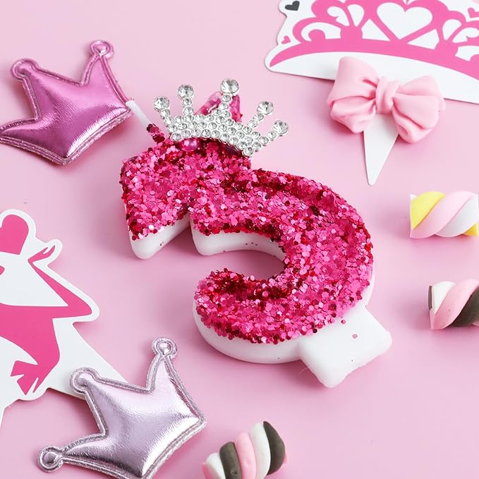 Hot Pink Birthday Candles Crown Number 3 Candle Birthday Party Decorations Cake Topper Cupcake Decor for Anniversary Celebrations Supplies