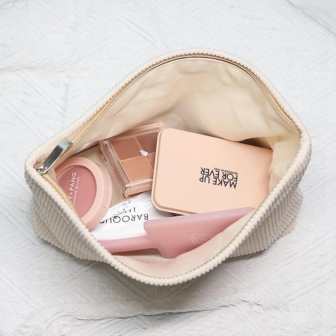 Wudygirl Travel Makeup Bag,Large Capacity Cosmetic Bag for Women,Corduroy Toiletry bag Handbags Purses Zipper pouch(Beige)