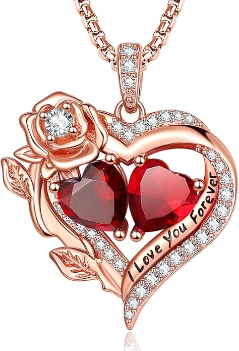 Rose Heart Necklaces for Women, Rose Gold Forever Love Jewelry with 2 Birthstones Pendant, Christmas Anniversarry Birthday Gifts for Her Wife Mom Grandma, 18+2 Inch Chain