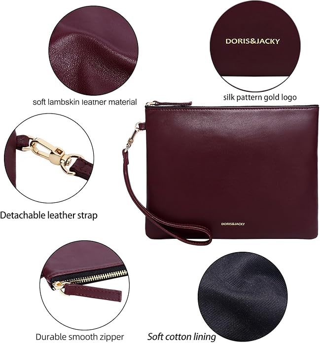 DORIS&JACKY Lambskin Leather Wristlet Clutch Purse for Women Soft Designer Slim Cell Phone Pouch Bag with Detachable Strap