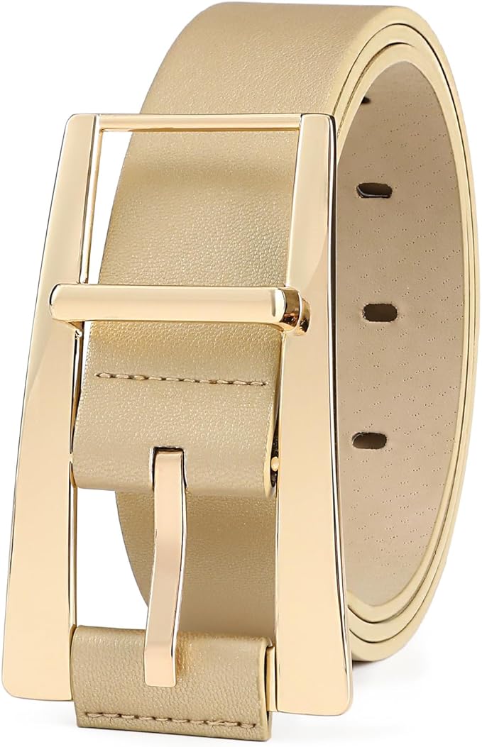 Women Casual Leather Gold Belt for Jeans Pants, Fashion Ladies Girls Gold Faux Leather Waist Belt