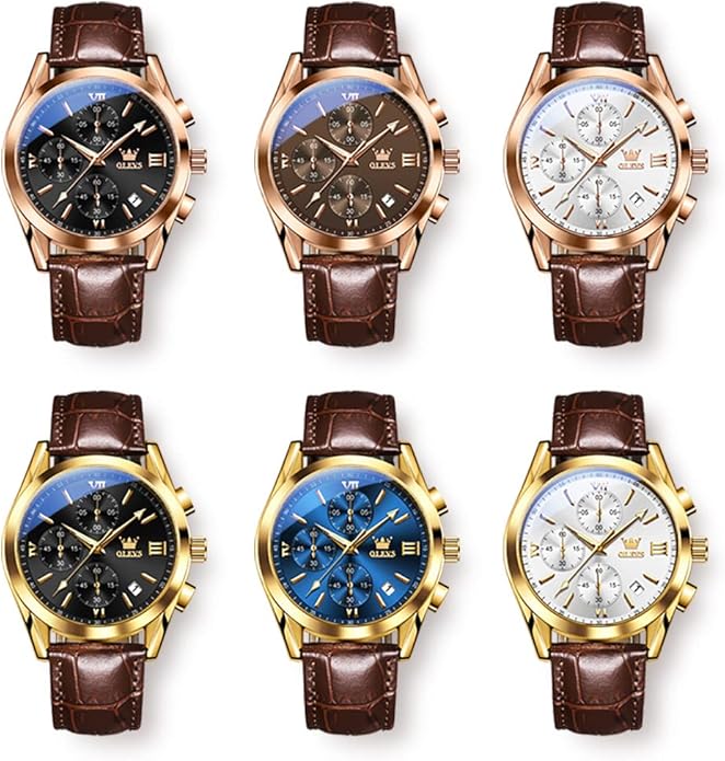 OLEVS Men's Watches Brown Leather with Date,Casual Watches for Men,Large Face Watches Men,Chronograph Mens Watch,Sport Waterproof Business Dress Analog Quartz Men's Wrist Watches Reloj De Hombre
