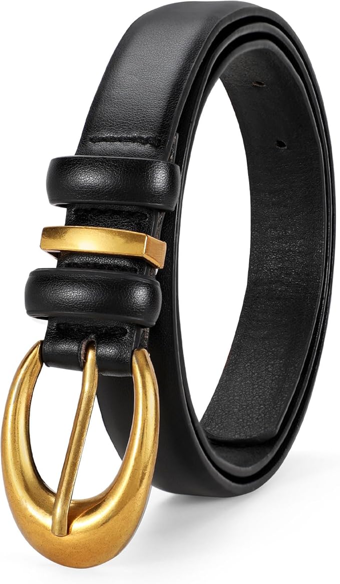 TRIWORKS Women Leather Belt for Jeans Pants Fashion Ladies Skinny Faux Leather Dress belt with Gold Buckle