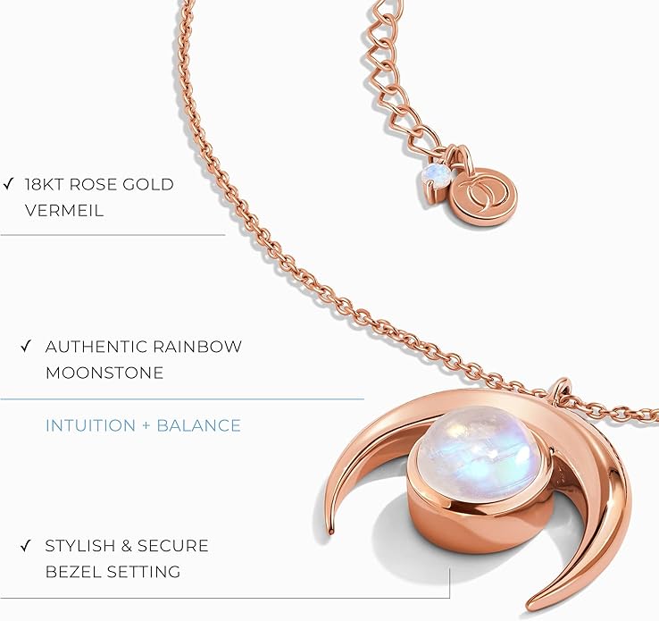 Moon Magic | Authentic Moonstone Earrings & Necklace Set for Women | Real 925 Sterling Silver & 18K Rose Gold Raw Crystal Studs & Necklace | Jewelry Set for women