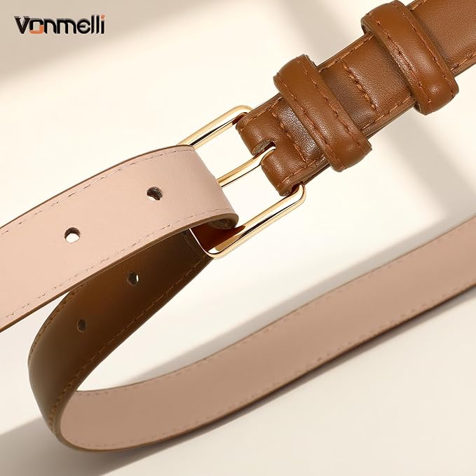 VONMELLI Womens Thin Leather Belt for Jeans Pants Dress Fashion Skinny Belt with Gold Buckle for Women