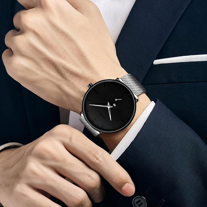 Mens Watches Ultra-Thin Minimalist Waterproof - Fashion Wrist Watch for Men Unisex Dress with Stainless Steel Mesh Band