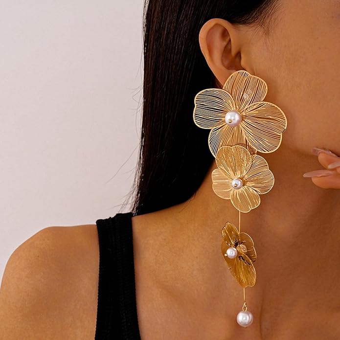 Chunky Flower Earrings 14K Gold Plated Geometry Petal Earrings Vintage Hollowing Out Layered Dangle Earring Fashion Exaggeration Jewelry for Women