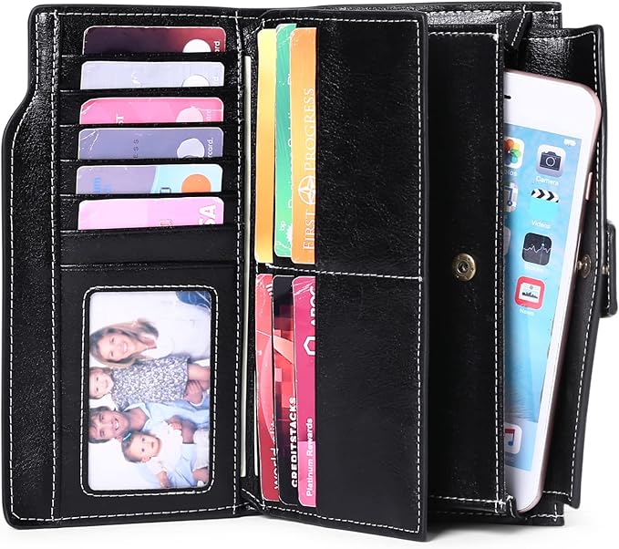 Women's Retro Long Wallet Genuine Leather RFID Blocking Large Capacity Clutch Purse in Brown (Black)