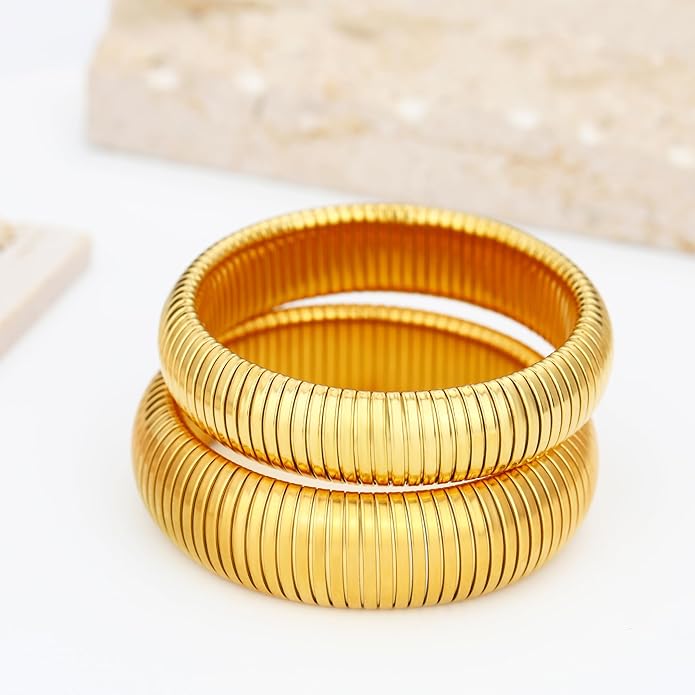 MISS RIGHT Gold Chunky Stretch Snake Chain Bangle Bracelets Stack for Women Trendy, 18K Gold Filled Stainless Steel Stretchy Womens Stackable Wristband Bangles Bracelet Set