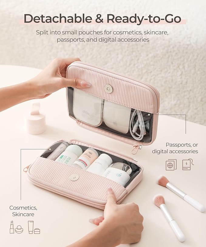 Preppy Makeup Bag, Rectangle Double Detachable Cosmetic Organizer, Clear Side Panel Portable Travel Pouches for In-Flight Essentials, Beauty & Tech Accessories, Gift for Women