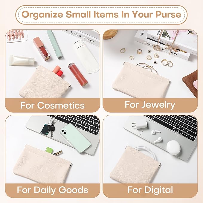 Sightor Leather Pocket Cosmetic Bag for Purse, 2 Pack Small Makeup Bag for Women Coin Purse Lipstick Cosmetic Accessories Organizer Travel Cosmetic Pouch (Creamy)