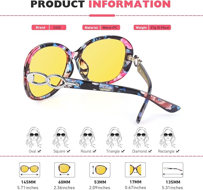 CGID Night Driving Glasses Women,Anti Glare Polarized Nighttime Vision Yellow Trendy Oversized Lens UV400,Floral