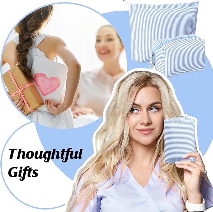 2 Pieces Makeup Bag Set Cute Cosmetic Pouch for Women Seersucker Travel Toiletry Bag Preppy Small Makeup Purse Pouch Aesthetic Skincare Brushes Storage Organizer for Christmas Women(Blue)