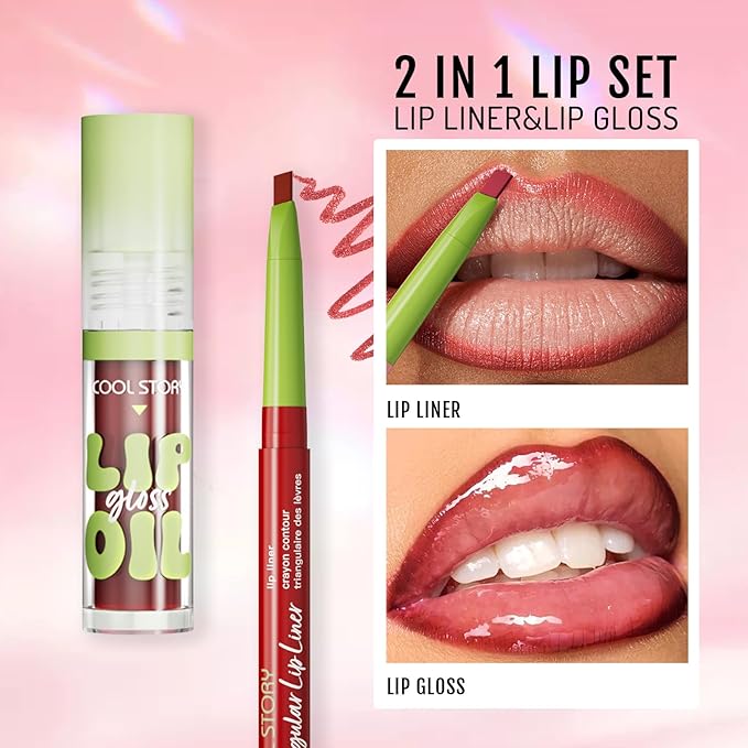 Lip Liner Deep Caramel Lip Oil Gloss Click Clear Shimmer, Long Wear Makeup Fat Oil Set With Natural Oils for Nourishment, Moisturizing Lip Lipstick Gloss Lip Liner Pencil Combo Set