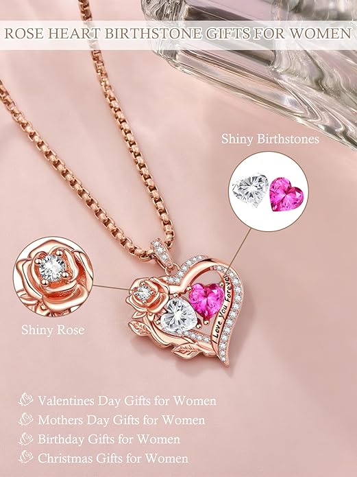 Rose Heart Necklaces for Women, Rose Gold Forever Love Jewelry with 2 Birthstones Pendant, Christmas Anniversarry Birthday Gifts for Her Wife Mom Grandma, 18+2 Inch Chain