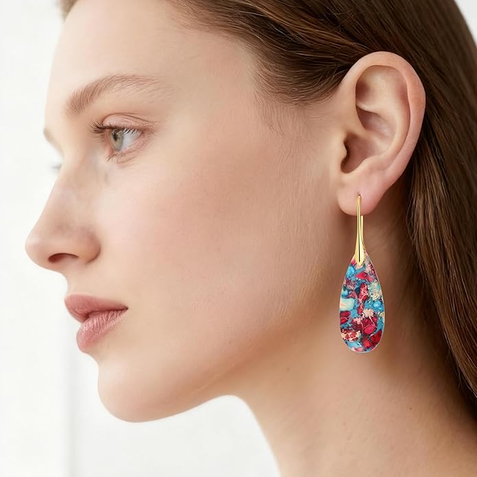 Emperor Stone Dangle Earrings for Women - Natural Healing Crystal Earrings with Gold Fishhooks in Soothing Colors, Unique Personalized Valentine‘s Day Gift Set for Her