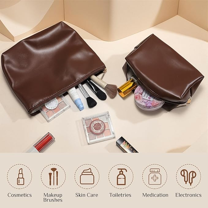 Kigeli 2 Pcs PU Leather Makeup Bag Set for Women Aesthetic Cosmetic Bag Small Toiletry Travel Pouch for Purse Emergency Skincare Organizer Valentine Gifts for Bridesmaid Birthday(Dark Brown)