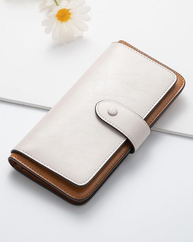 RFID Blocking Leather Wallet for Women, Slim Trifold with 14 Card Slots and Zipper Pocket (White&Brown)