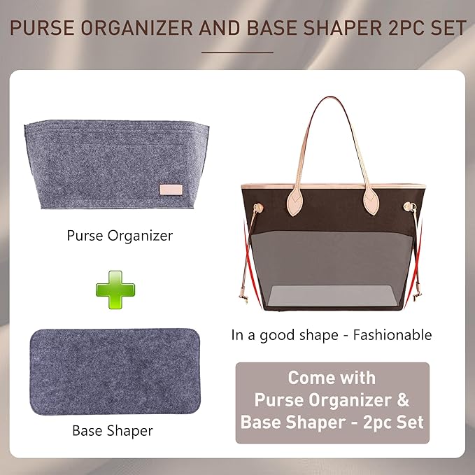Doxo Purse Organizer Insert Handbag&Tote Felt with Bag Fits for Speedy and Neverfull & Base Shaper 2pc Set (Large- Gray-Combination)