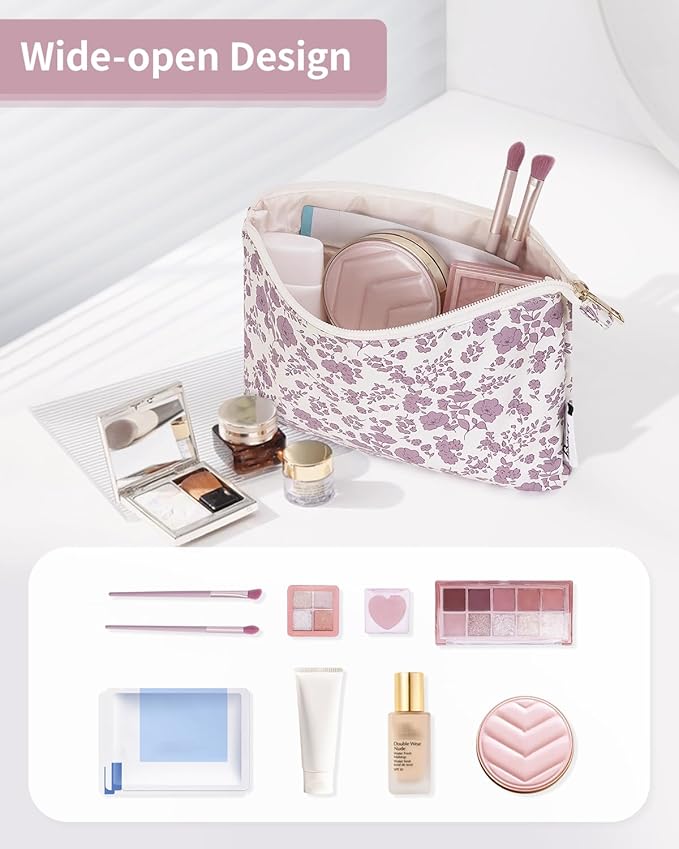 Narwey Small Makeup Bag for Purse Travel Makeup Pouch Cosmetic Bag Zipper Pouch Bags for Women (Little Dusty Pink Flower)