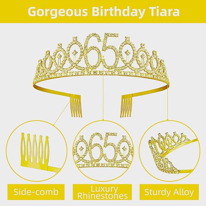 65th Birthday Decorations for Her Girls Set, Include 65th Birthday Crown and 65 Sash, 65th Birthday Cake Topper and 65 Birthday Candles, Gold 65 Balloons, Women 65th Party Supplies(Gold)