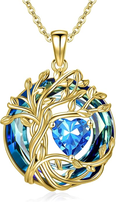 TOUPOP Tree of Life Birthstone Necklace 925 Sterling Silver Pendant Austrian Crystal Jewelry Anniversary Valentine's Day Birthday Gifts for Women Mom Her Wife