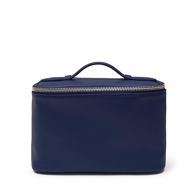 Leatherology Navy Blue Small Train Case – Full-Grain Leather Travel Cosmetic Bag with Water-Resistant Lining, Zippered & Open Pockets, Compact Beauty Organizer