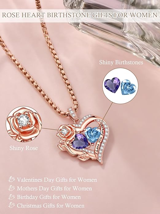 Rose Heart Necklaces for Women, Rose Gold Forever Love Jewelry with 2 Birthstones Pendant, Christmas Anniversarry Birthday Gifts for Her Wife Mom Grandma, 18+2 Inch Chain