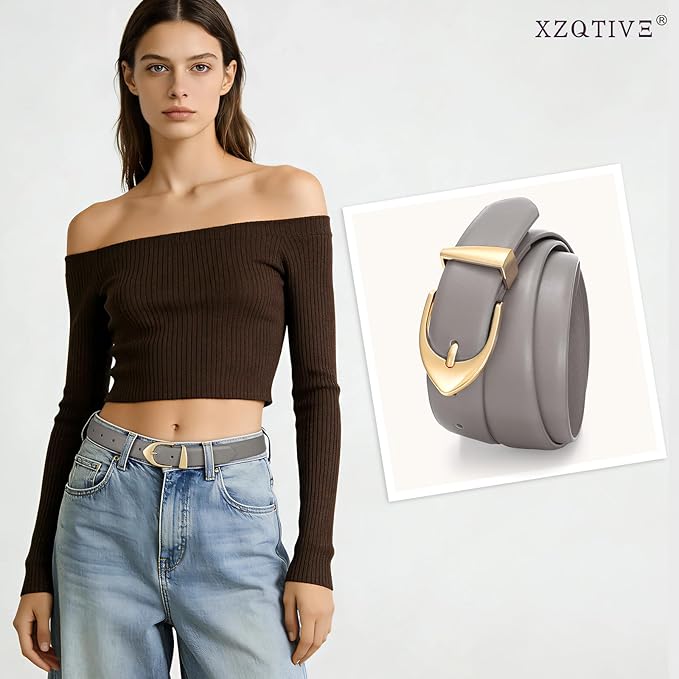 XZQTIVE Women's Leather Belts, Classic Minimalist Design For Jeans Pants Dresses, Black Belt With Gold Buckle