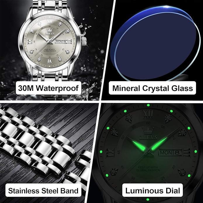 OLEVS Men's Stainless Steel Watch, Large Face Roman Numerals Diamond Accented Three-Hand Analog Quartz Watches for Men, Easy to Read Day Date Waterproof Luminous Mens Wristwatch