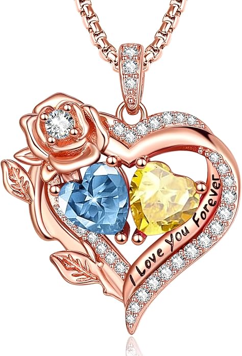 Rose Heart Necklaces for Women, Rose Gold Forever Love Jewelry with 2 Birthstones Pendant, Christmas Anniversarry Birthday Gifts for Her Wife Mom Grandma, 18+2 Inch Chain