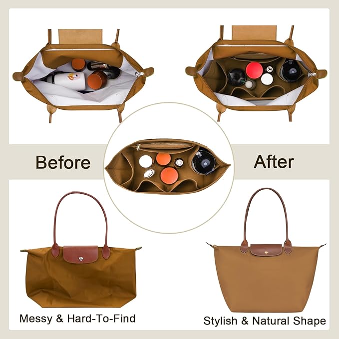 ZTUJO Purse Organizer Insert For Longchamp Le Pliage, Premium Felt Longchamp Purse Organizer Insert (Lighting Coffee, Large For Top Handle M And Shoulder Bag L)