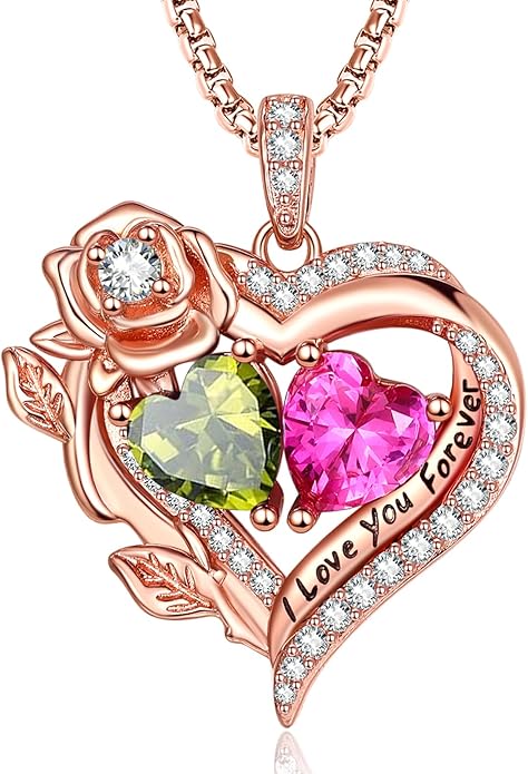 Rose Heart Necklaces for Women, Rose Gold Forever Love Jewelry with 2 Birthstones Pendant, Christmas Anniversarry Birthday Gifts for Her Wife Mom Grandma, 18+2 Inch Chain
