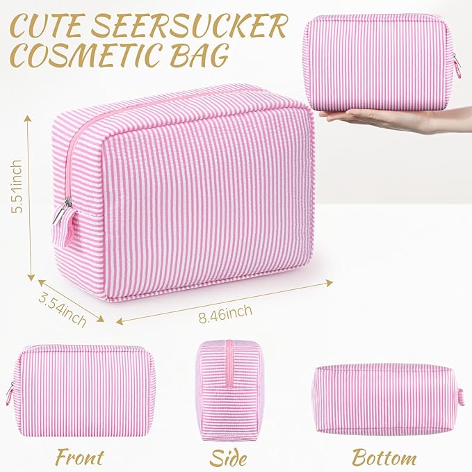 Sanwuta 3 Pcs Seersucker Makeup Bags Seersucker Cosmetic Bags Striped Women Large Travel Toiletry Organizer Preppy Storage Pouch for Embroidery Wedding Bridesmaid Gifts(Light Pink)