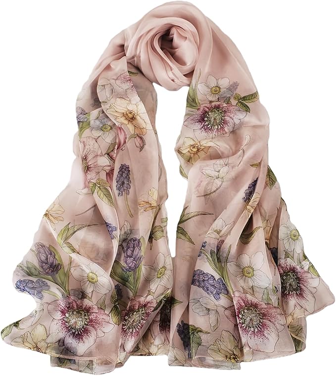 100% Mulberry Silk Women's Neck Silk Scarf-Lightweight Shawl,FLoral Print Beach Silk Wrap-Scarves for Photography