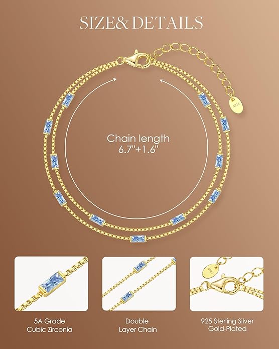 LOUISA SECRET Birthstone Bracelets for Women, 925 Sterling Silver Dainty Simple Women Charm Link Bracelet, Birthday Anniversary Christmas Jewelry Gifts for Women Wife Mom Her