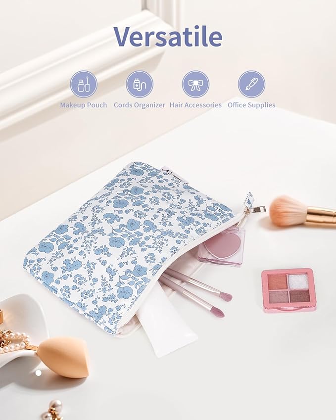 Narwey Small Makeup Bag for Purse Travel Makeup Pouch Cosmetic Bag Zipper Pouch Bags for Women (Little Blue Flower)