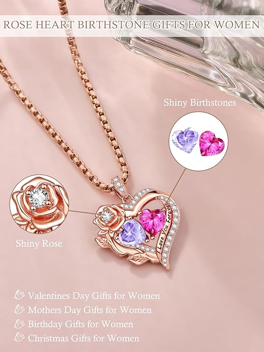 Rose Heart Necklaces for Women, Rose Gold Forever Love Jewelry with 2 Birthstones Pendant, Christmas Anniversarry Birthday Gifts for Her Wife Mom Grandma, 18+2 Inch Chain