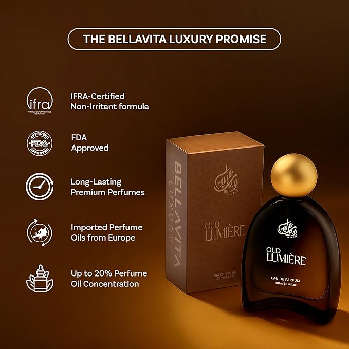Bella Vita Luxury OUD LUMIÈRE Unisex Fragrance | EDP Perfume for Men and Women | Wood Top Note | 100 ml pack | 3.4 Fl. Oz. | Woody and Amber notes | Gift for Men and Women | Eau de Parfum