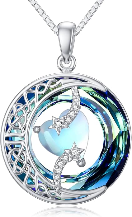 TOUPOP Birthstone Necklace 925 Sterling Silver Moon and Star Pendant with Blue Crystal Celtic Moon Jewelry Birthday Valentines Day Gifts for Women Mom Wife Her
